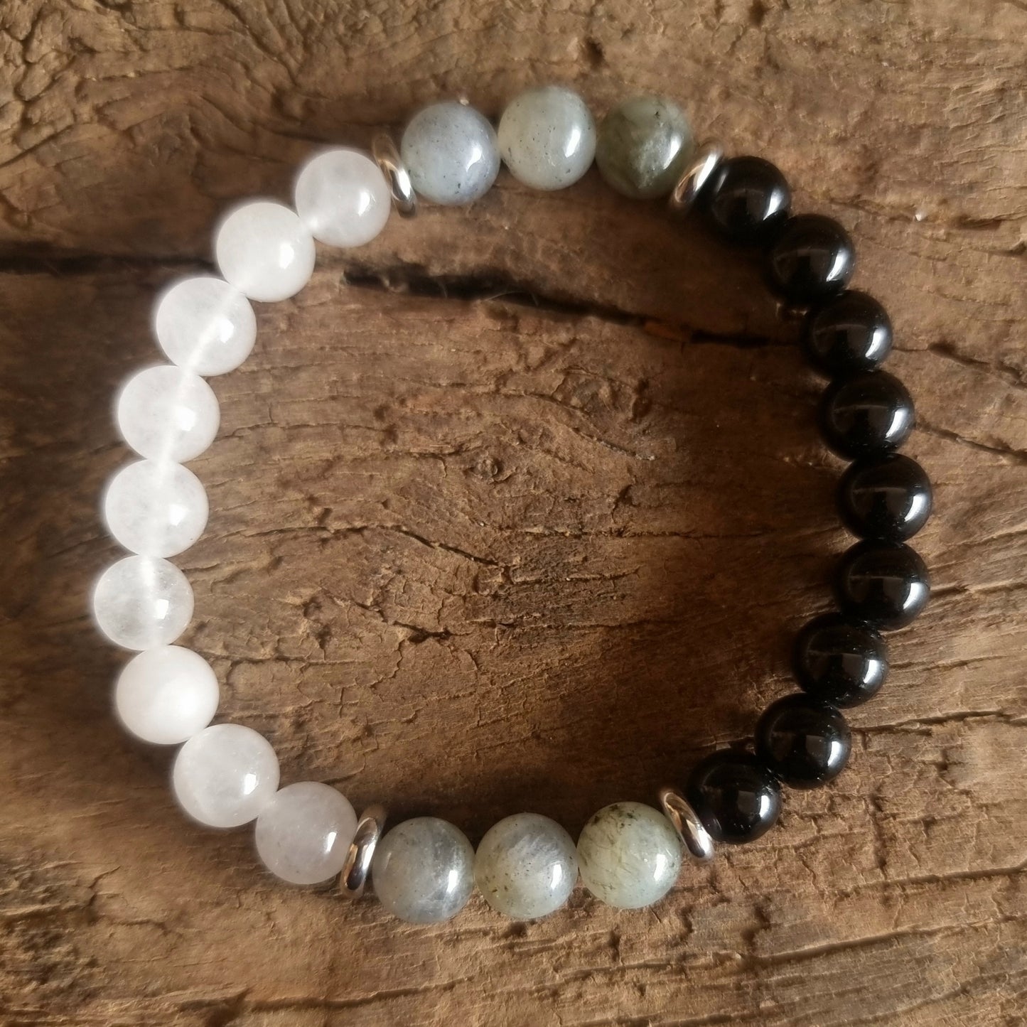 PSYCHIC PROTECTION BRACLET 8mm - CLEAR QUARTZ, LABRADORITE & TOURMALINE