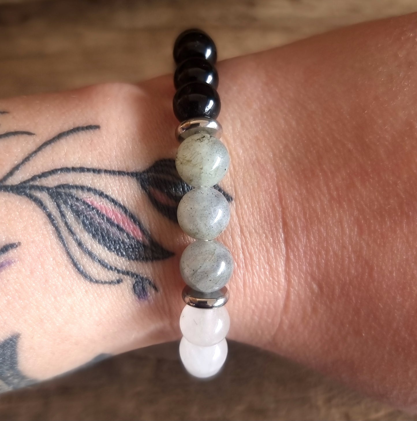 PSYCHIC PROTECTION BRACLET 8mm - CLEAR QUARTZ, LABRADORITE & TOURMALINE