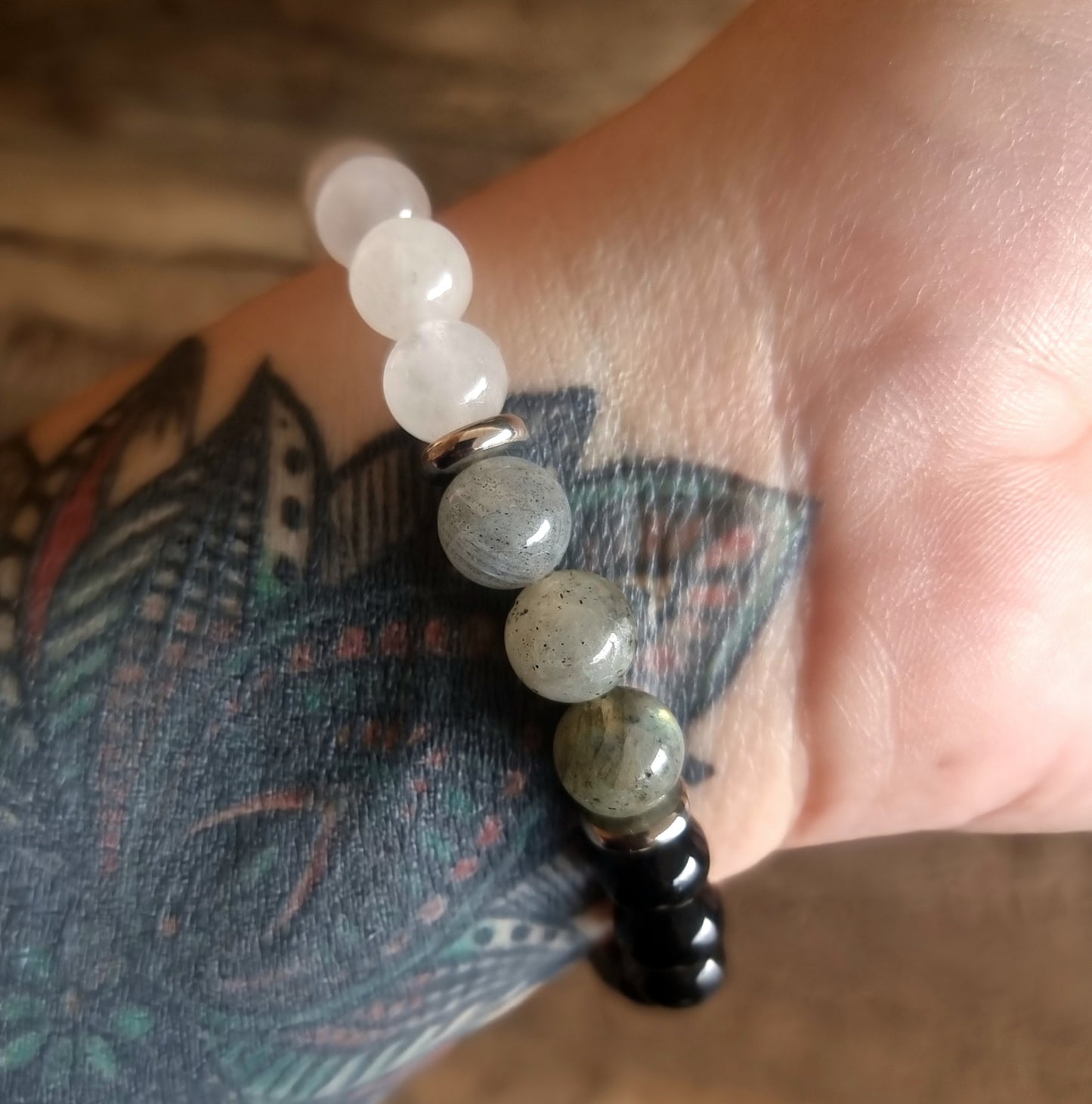 PSYCHIC PROTECTION BRACLET 8mm - CLEAR QUARTZ, LABRADORITE & TOURMALINE