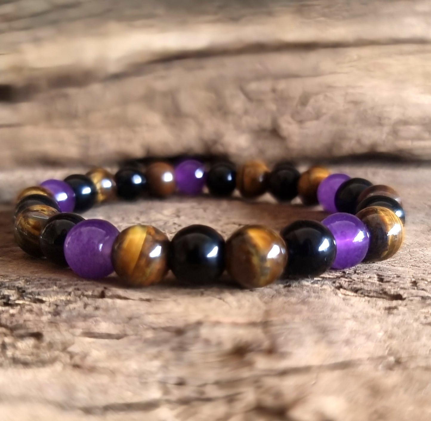 TRIPLE PROTECTION BRACELET 8mm - AMETHYST ,TIGER EYE, OBSIDIAN & SMOKY QUARTZ