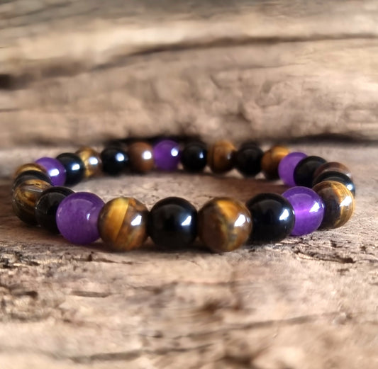 TRIPLE PROTECTION BRACELET 8mm - AMETHYST ,TIGER EYE & OBSIDIAN