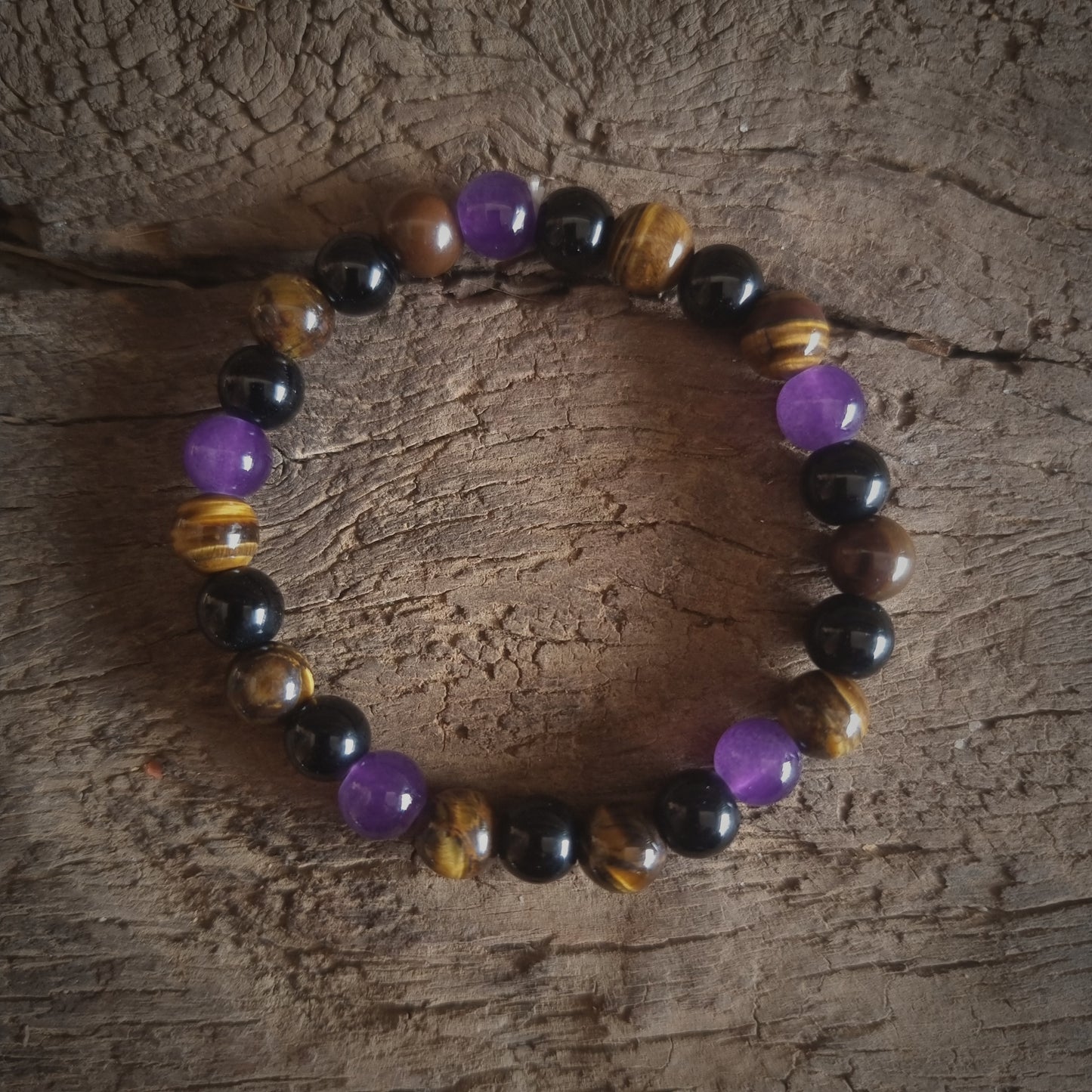 TRIPLE PROTECTION BRACELET 8mm - AMETHYST ,TIGER EYE, OBSIDIAN & SMOKY QUARTZ