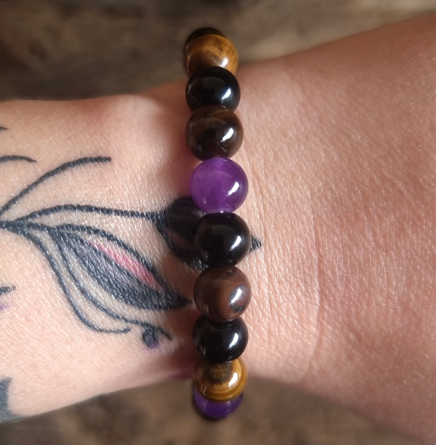 TRIPLE PROTECTION BRACELET 8mm - AMETHYST ,TIGER EYE, OBSIDIAN & SMOKY QUARTZ