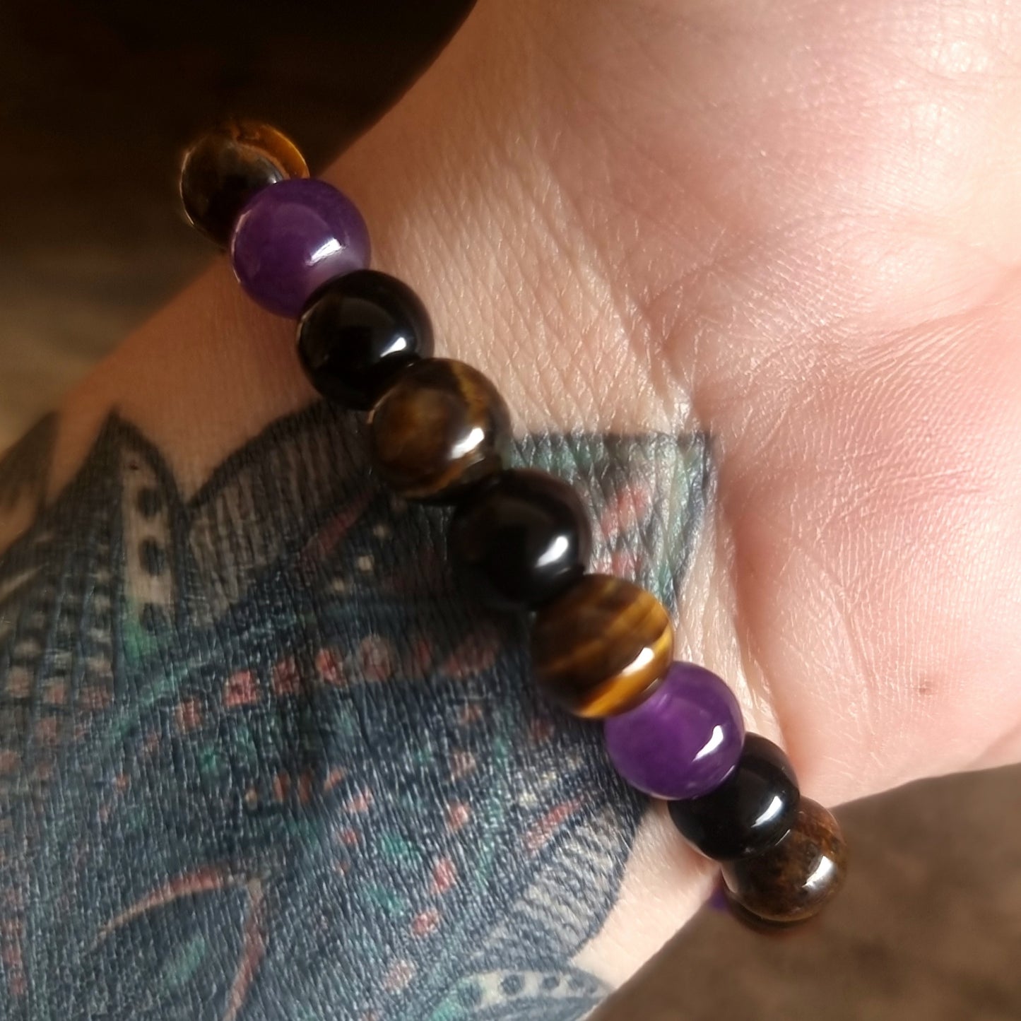 TRIPLE PROTECTION BRACELET 8mm - AMETHYST ,TIGER EYE, OBSIDIAN & SMOKY QUARTZ