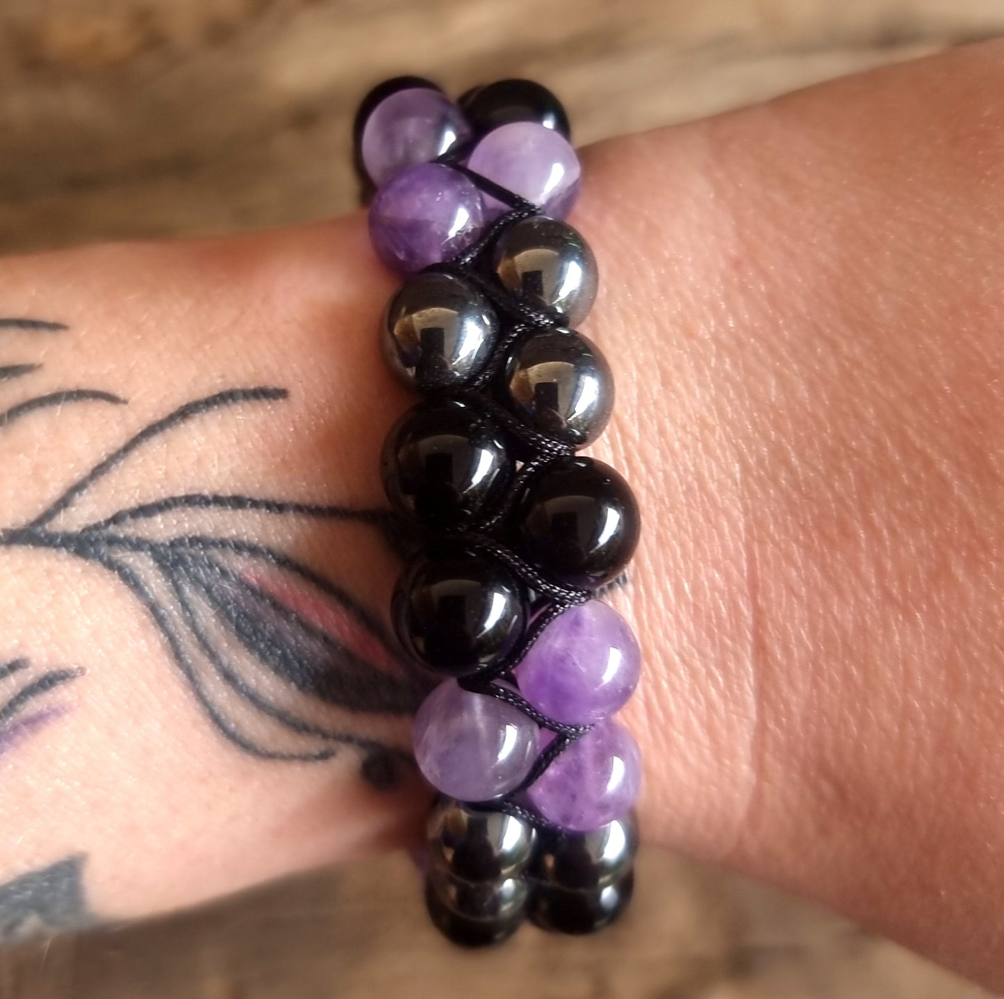 TRIPLE PROTECTION DOUBLE ROW ADJUSTABLE BRACELET - AMETHYST, HEMATITE & OBSIDIAN