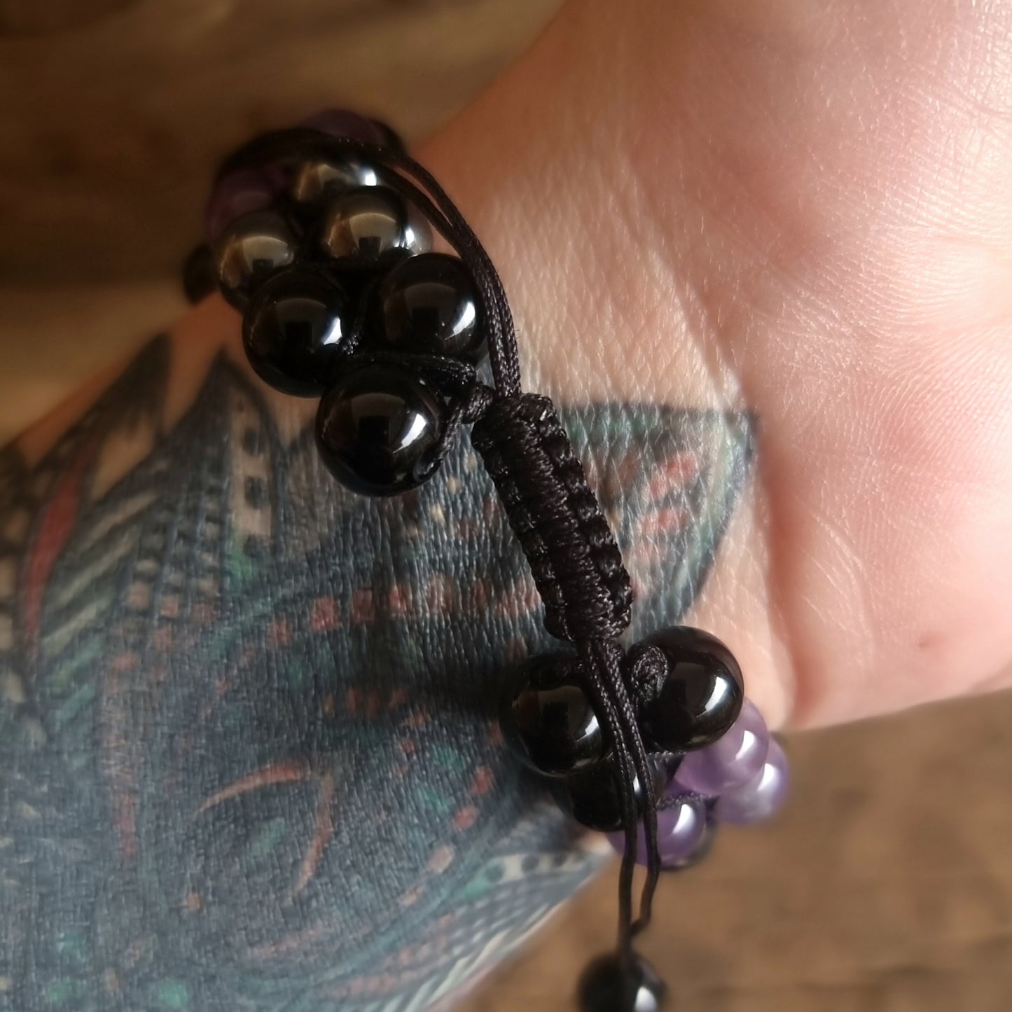 TRIPLE PROTECTION DOUBLE ROW ADJUSTABLE BRACELET - AMETHYST, HEMATITE & OBSIDIAN