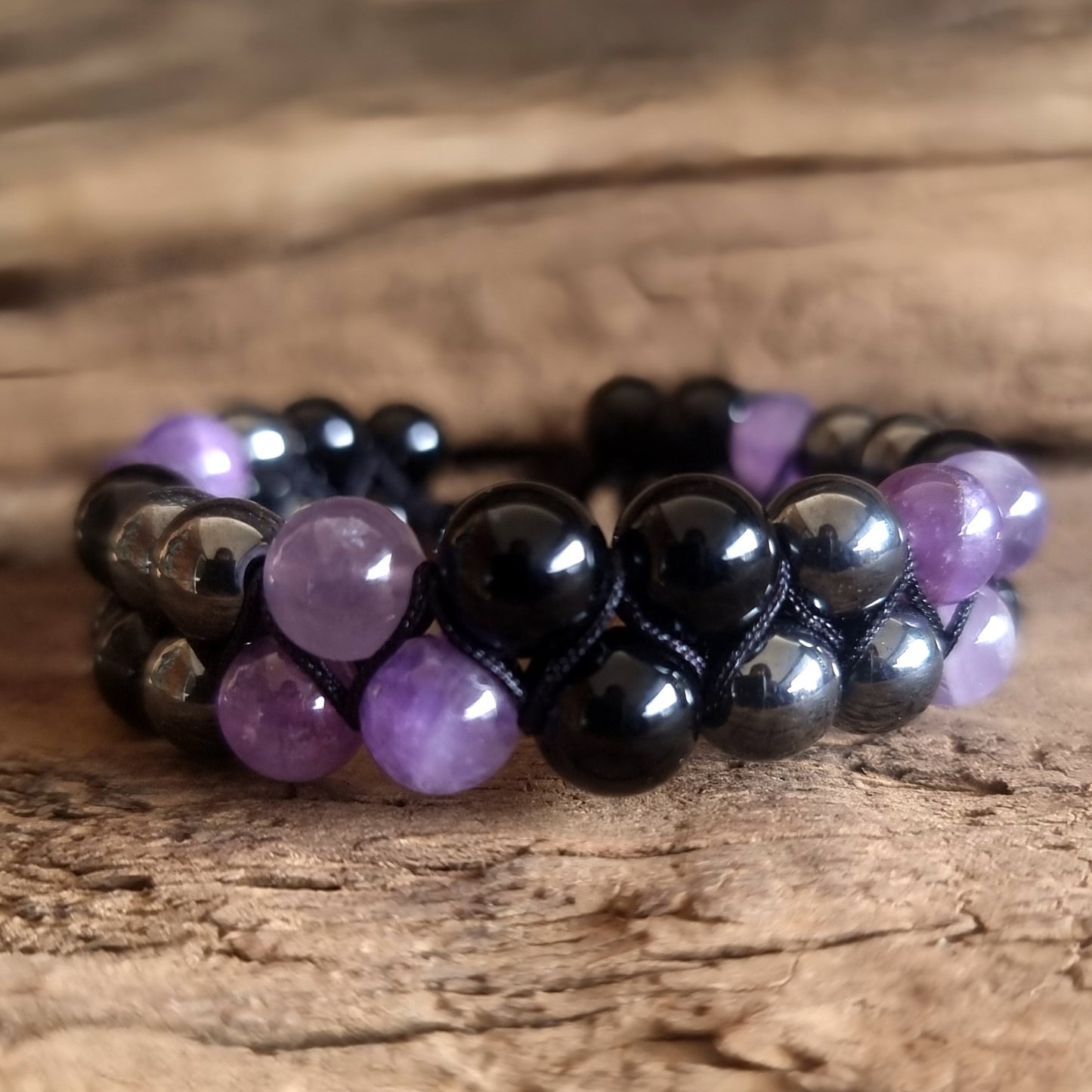 TRIPLE PROTECTION DOUBLE ROW ADJUSTABLE BRACELET - AMETHYST, HEMATITE & OBSIDIAN