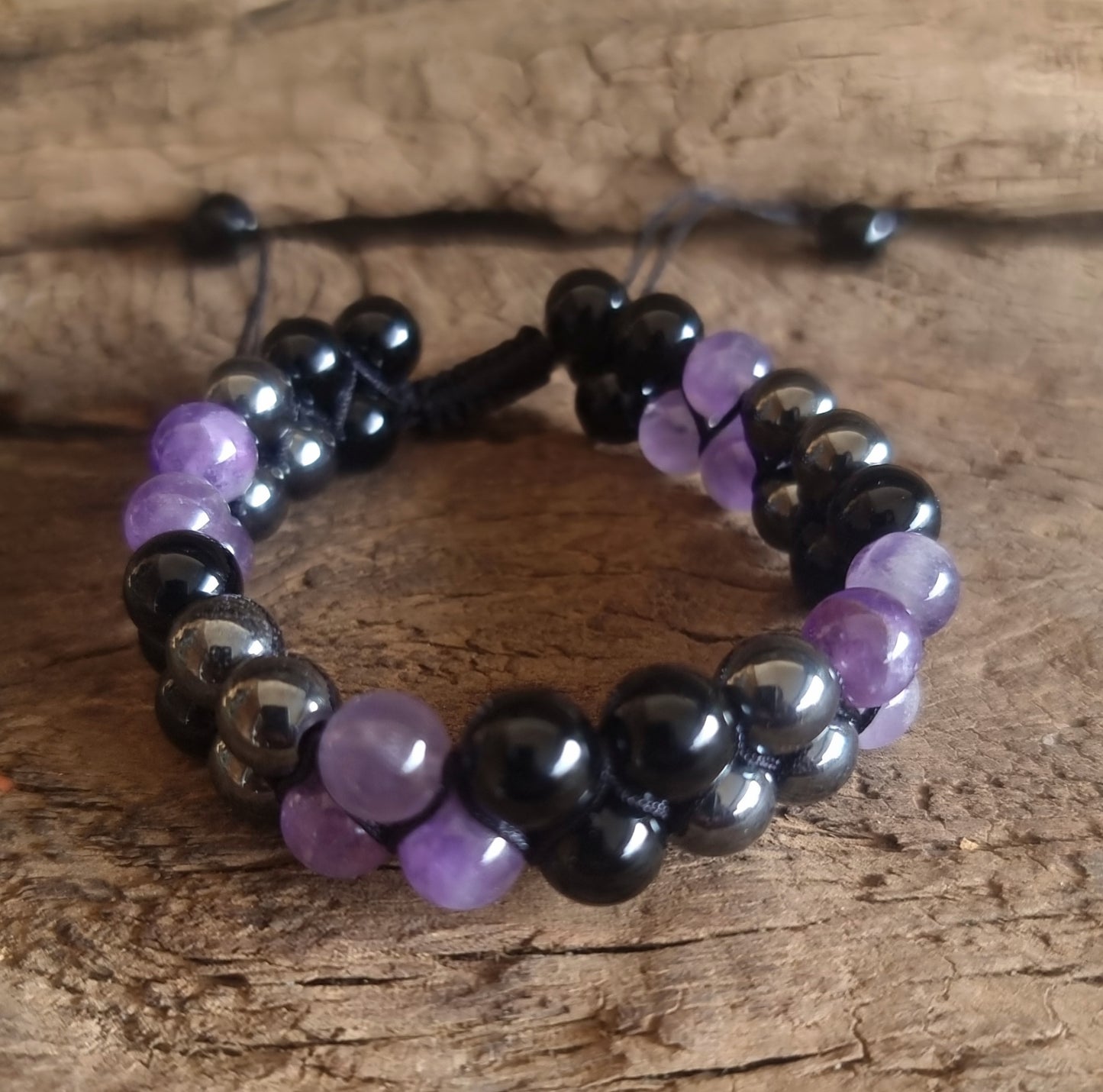 TRIPLE PROTECTION DOUBLE ROW ADJUSTABLE BRACELET - AMETHYST, HEMATITE & OBSIDIAN