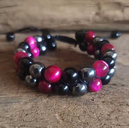 TRIPLE PROTECTION DOUBLE ROW ADJUSTABLE BRACELET - PINK TIGER EYE, HEMATITE & OBSIDIAN