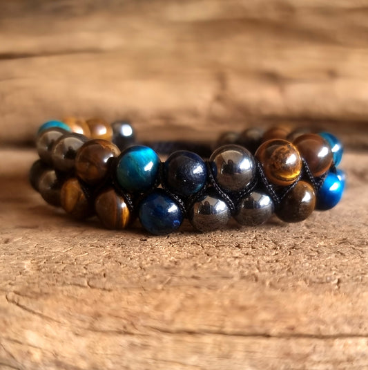 TRIPLE PROTECTION DOUBLE ROW ADJUSTABLE BRACELET - BLUE TIGER EYE, HEMATITE & OBSIDIAN