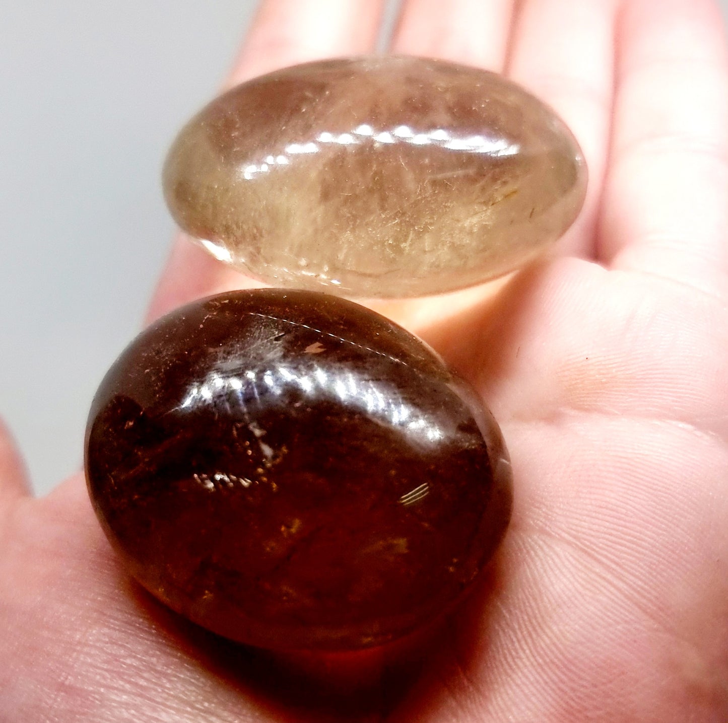 POLISHED LIGHT & DARK SMOKY QUARTZ PALM STONES - GROUNDING & PROTECTION