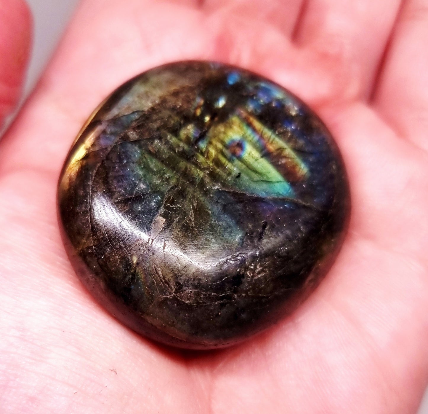 LABRADORITE FLASHY GREEN & BLUE PALM STONES - CLAIRVOYANCE
