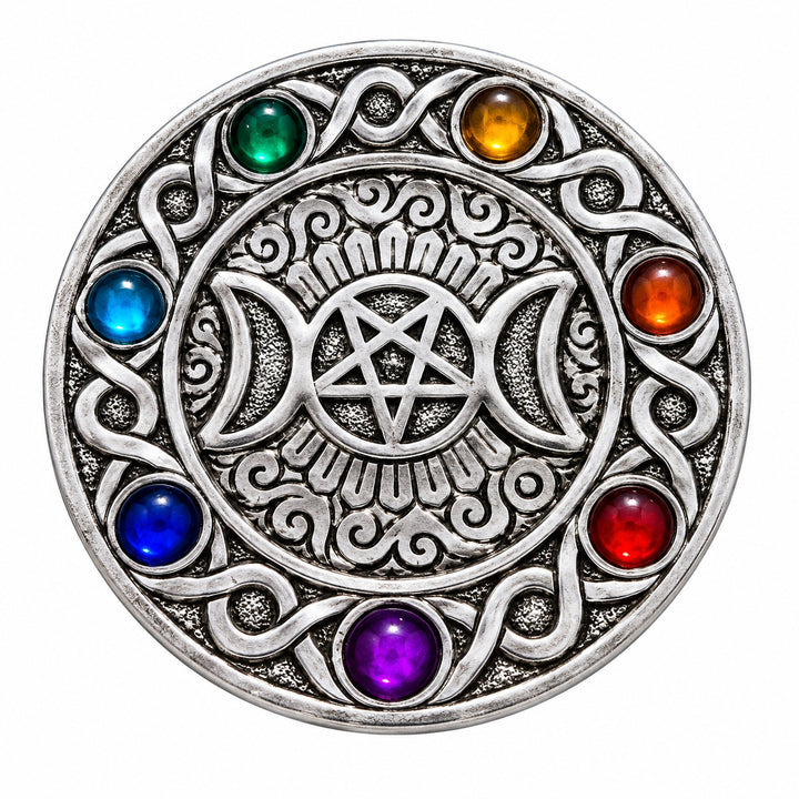 Round Metal 7 Chakra Triple Moon Incense Burner - Wildlings Crystals South Africa