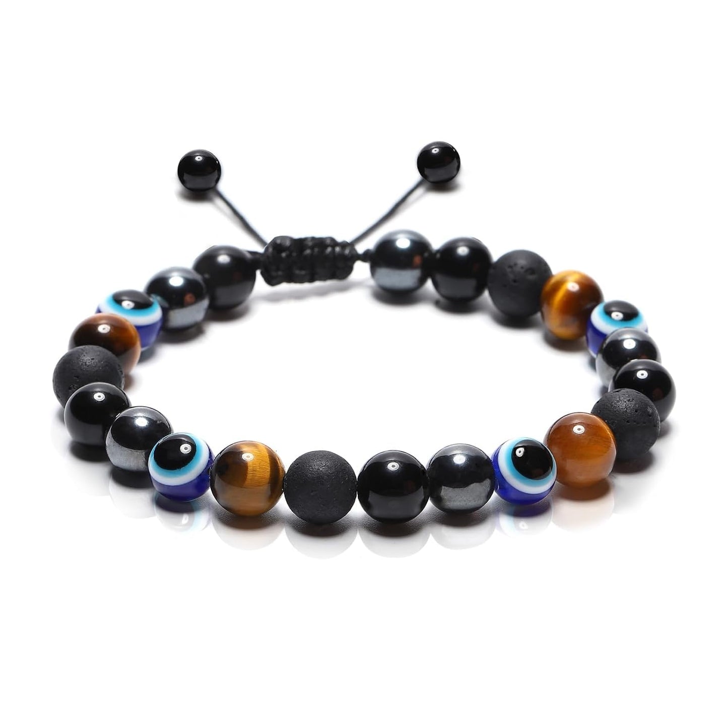 AGAINST EVIL EYE DOUBLE ROW BRACELET ADJUSTABLE - TIGER EYE, HEMATITE & OBSIDIAN