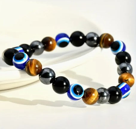 AGAINST EVIL EYE TRIPLE PROTECTION BRACELET - TIGER EYE, HEMATITE & OBSIDIAN