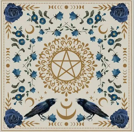 BLUE AND GOLD MYSTIC RAVEN MOON PHASE ALTAR CLOTH ( 49 cm x 49 cm )