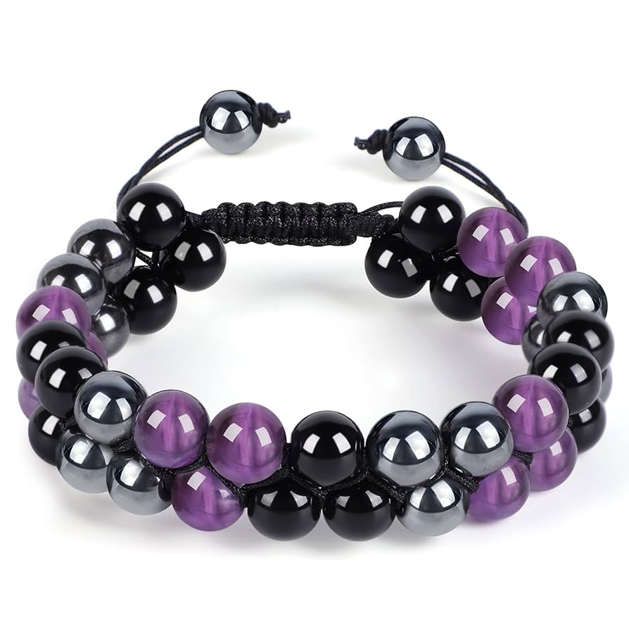 TRIPLE PROTECTION DOUBLE ROW ADJUSTABLE BRACELET - AMETHYST, HEMATITE & OBSIDIAN