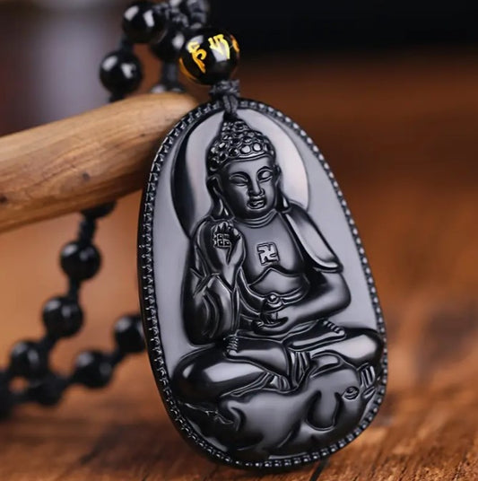 BLACK OBSIDIAN LUCKY BUDDHA NECKLACE - PROTECTION