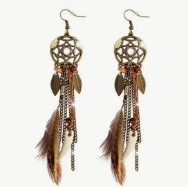 BOHEMIAN BROWN DREAM CATCHER FEATHERED EARRINGS