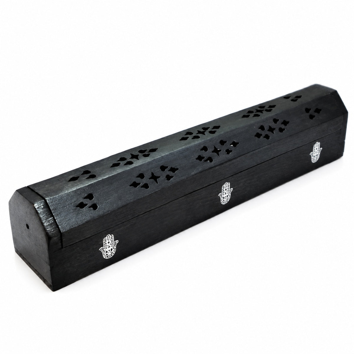 WOODEN BLACK HAMSA HAND INCENSE BOX