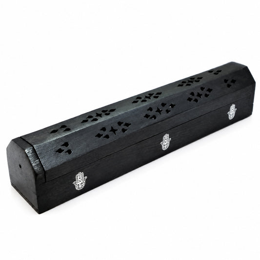 WOODEN BLACK HAMSA HAND INCENSE BOX