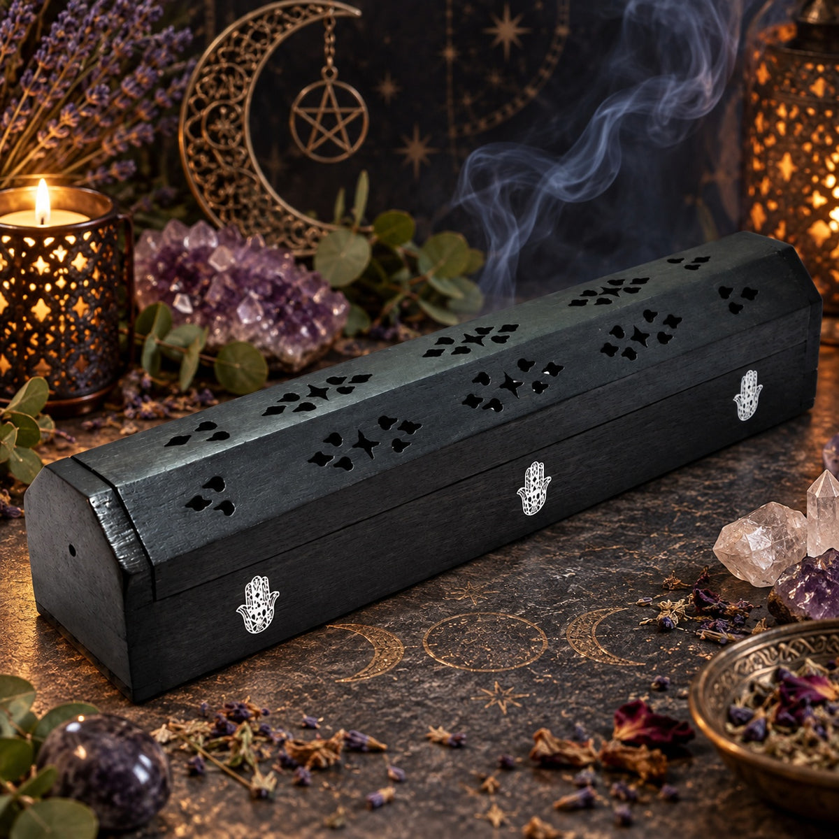 WOODEN BLACK HAMSA HAND INCENSE BOX