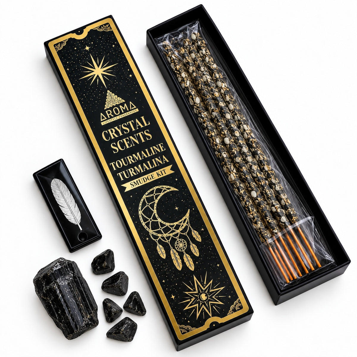 BLACK TOURMALINE CRYSTAL SCENTS INCENSE SMUDGE STICKS