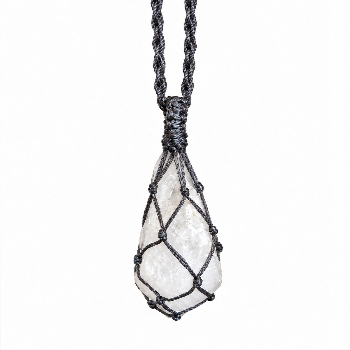 CLEAR QUARTZ ROUGH POINT MACRAME NECKLACE