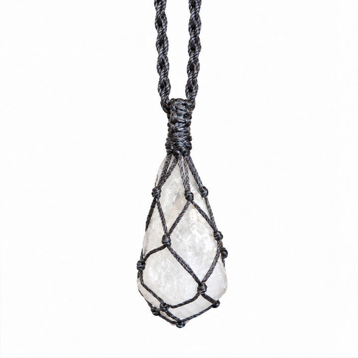 CLEAR QUARTZ ROUGH POINT MACRAME NECKLACE