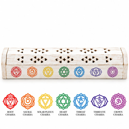 CHAKRA WHITE WOODEN INCENSE BURNER BOX