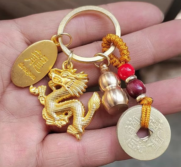 GOLDEN DRAGON, 5 COINS AND WATERMELON SEED KEYCHAIN