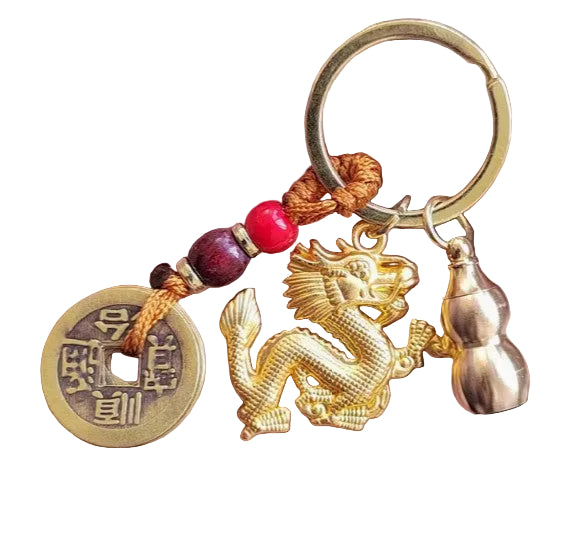 GOLDEN DRAGON, 5 COINS AND WATERMELON SEED KEYCHAIN