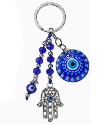 HAMSA HAND EVIL EYE GLASS MEDALLION KEYCHAIN - WARD OFF EVIL EYE