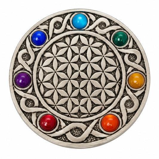 ROUND METAL FLOWER OF LIFE CHAKRA INCENSE BURNER