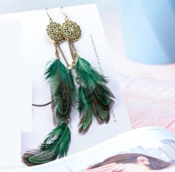 BOHEMIAN FEATHERED GREEN EARRINGS