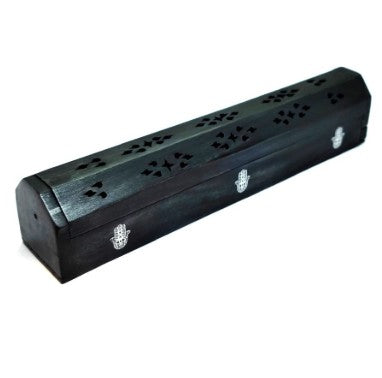 HAMSA HAND BLACK WOODEN INCENSE BOX