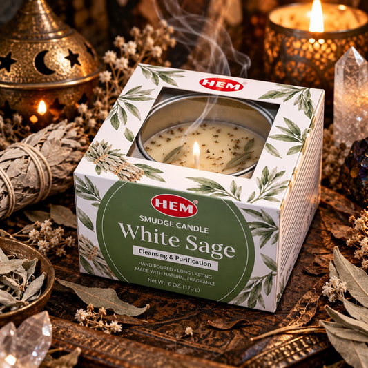 WHITE SAGE HEM SMUDGE CANDLE IN A TIN ( 90g )