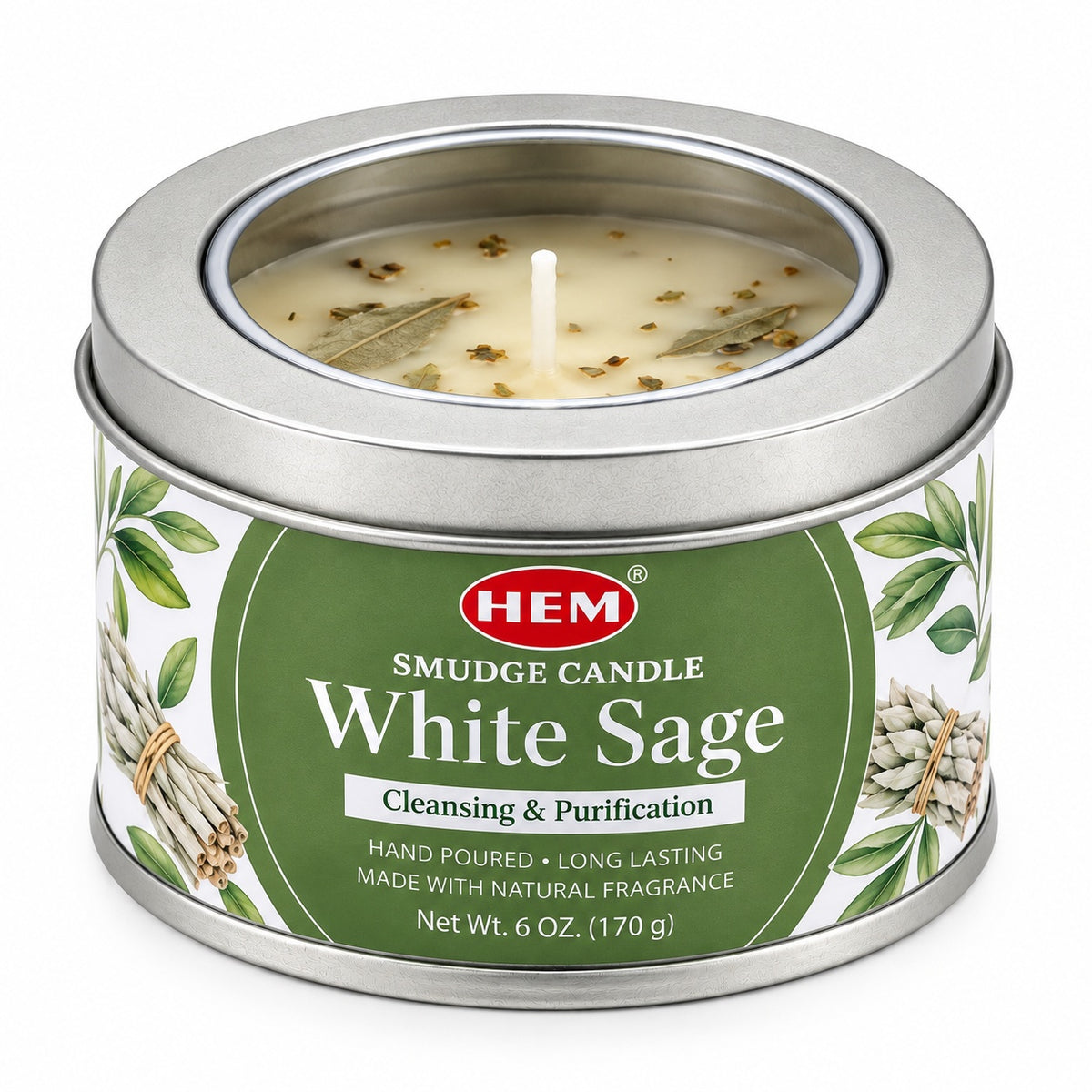 WHITE SAGE HEM SMUDGE CANDLE IN A TIN ( 90g )