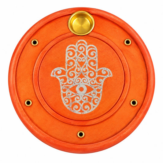 ROUND WOODEN ORANGE HAMSA HAND INCENSE BURNER