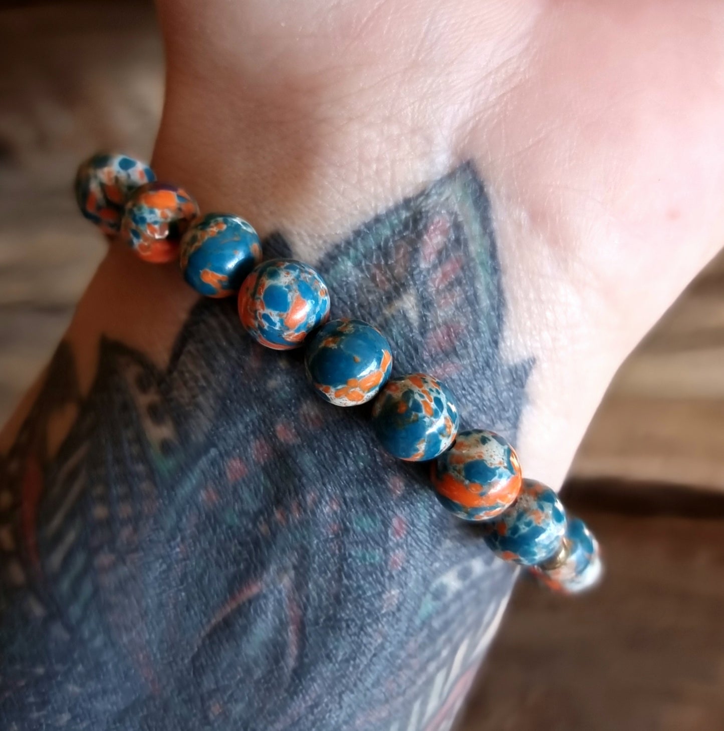 BLUE AND ORANGE IMPERIAL PINE JASPER BRACELET 8 mm