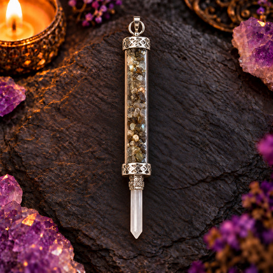 LABRADORITE PENDULUM WITH A SELENITE POINT