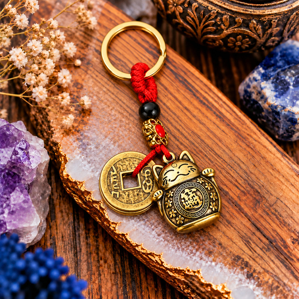 LUCKY CAT FENG-SHUI KEYCHAIN WITH 5 LUCKY COINS