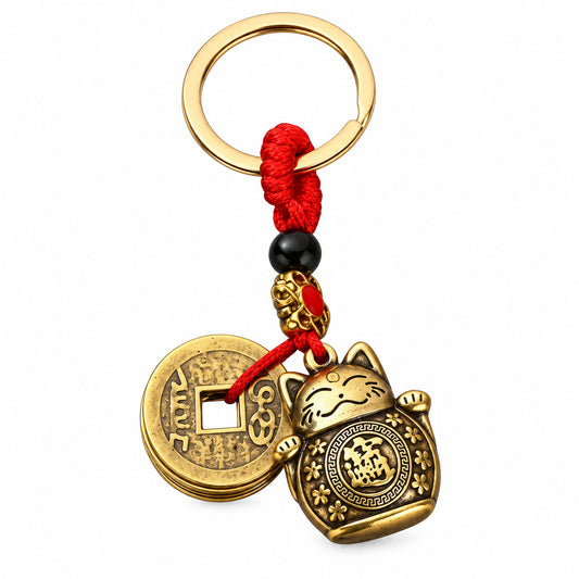LUCKY CAT FENG-SHUI KEYCHAIN WITH 5 LUCKY COINS