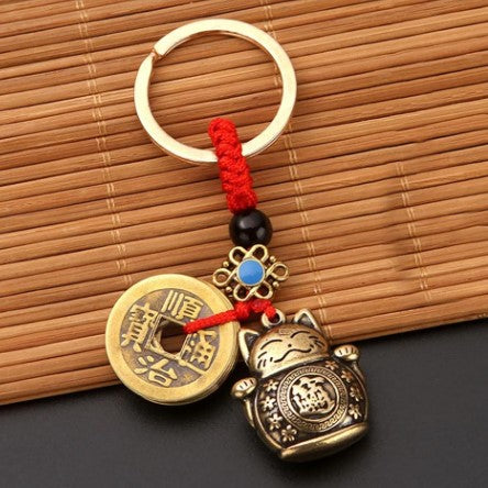 LUCKY CAT FENG-SHUI KEYCHAIN WITH 5 LUCKY COINS