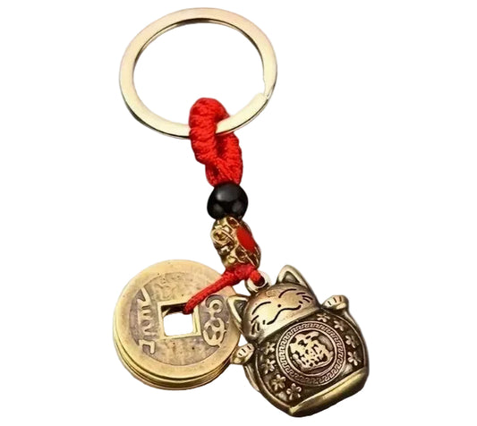 LUCKY CAT FENG-SHUI KEYCHAIN WITH 5 LUCKY COINS