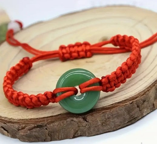 GREEN JADE PEACE BUCKLE RED ROPE WOVEN BRACELET - GOOD FORTUNE