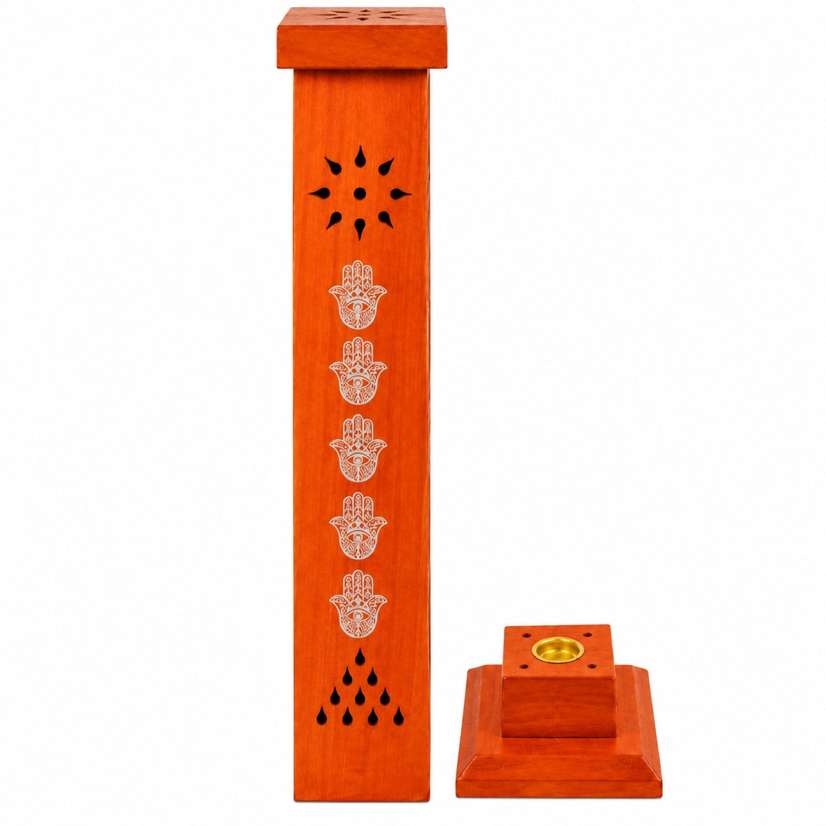 WOODEN TOWER ORANGE HAMSA HAND INCENSE BURNER