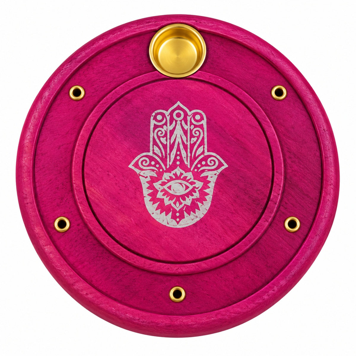 ROUND WOODEN PINK HAMSA HAND INCENSE BURNER
