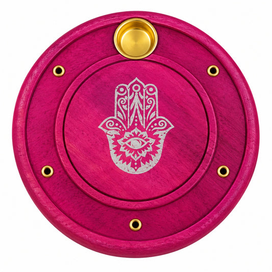 ROUND WOODEN PINK HAMSA HAND INCENSE BURNER