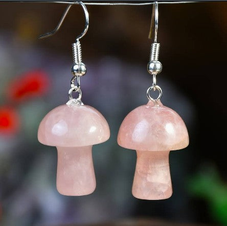 ROSE QUARTZ MUSHROOM EARRINGS - LOVE